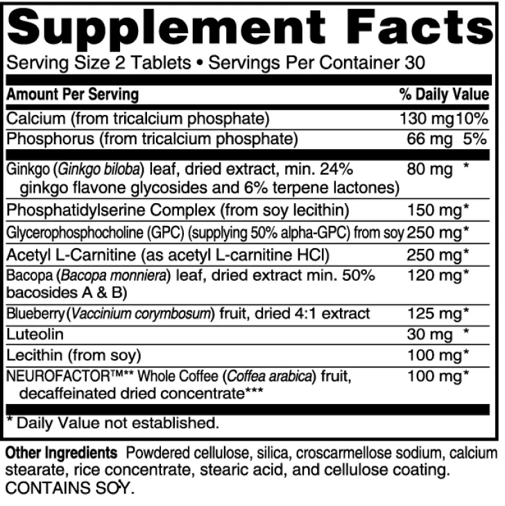 Advanced Memory Formula supplement facts label