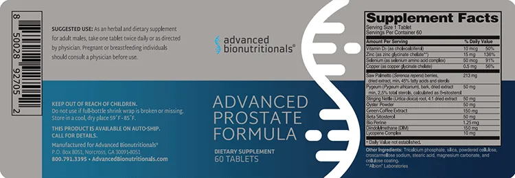 Advanced Prostate Formula supplement facts label