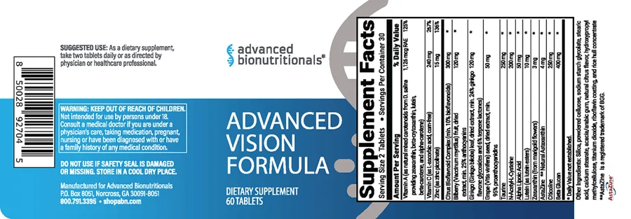 Advanced Vision Formula supplement facts label